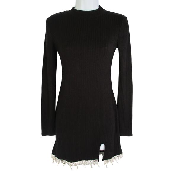 New ZARA Black Sweater Mini Bodycon Dress Slit Jewel Hem Women Sz S - Picture 1 of 10
